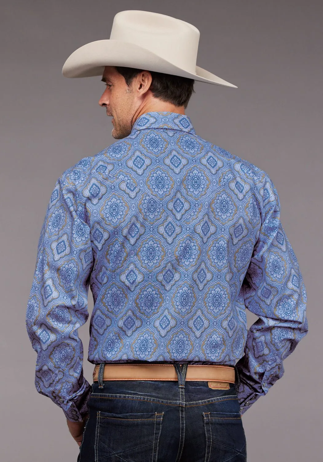 No Slip Shoulder Grip Stetson Mens Chambray Medallion Paisley Blue 100% Cotton L/S Shirt