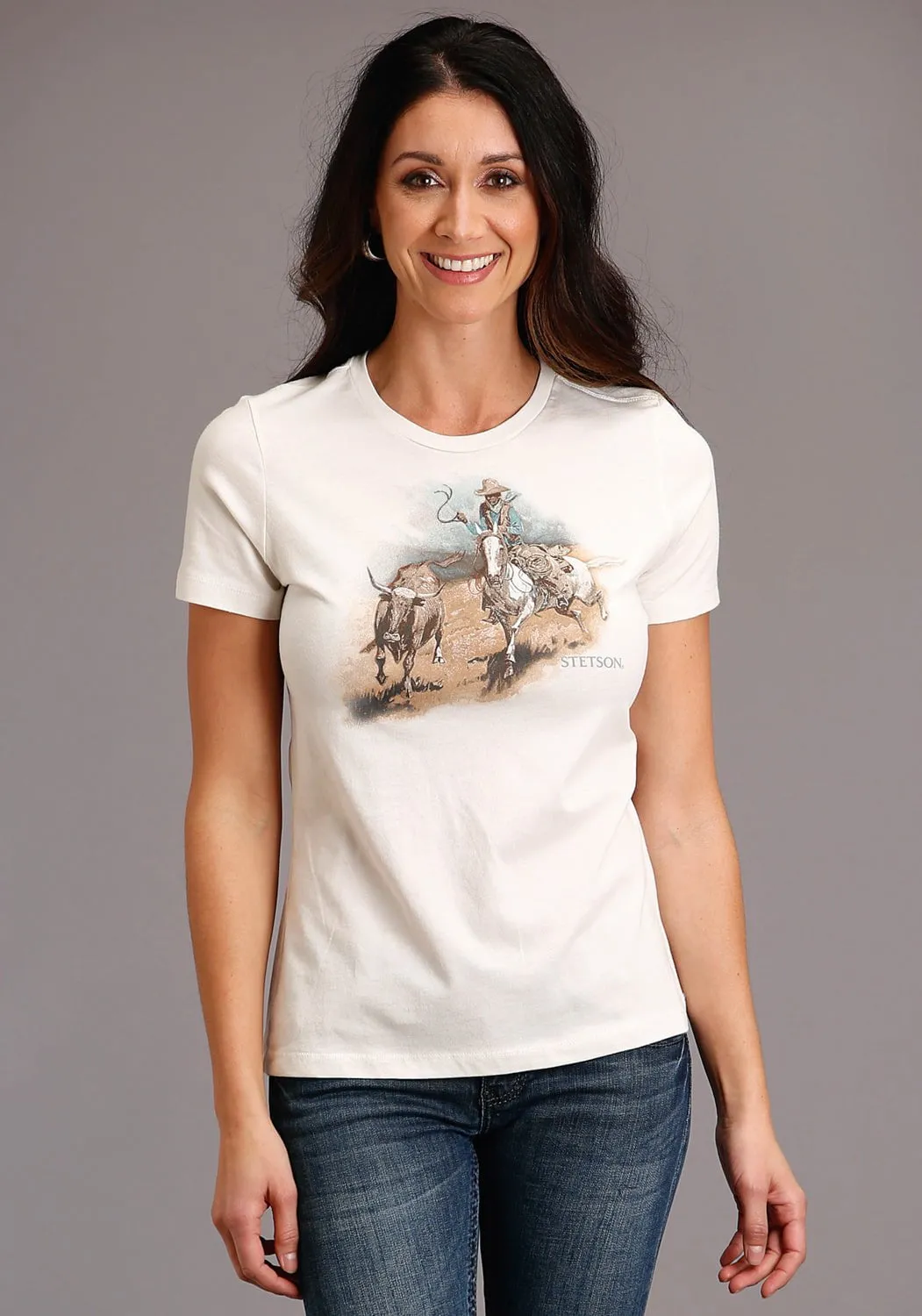 Breathable Lining System Stetson Womens White 100% Cotton Cattleman Scenery S/S T-Shirt