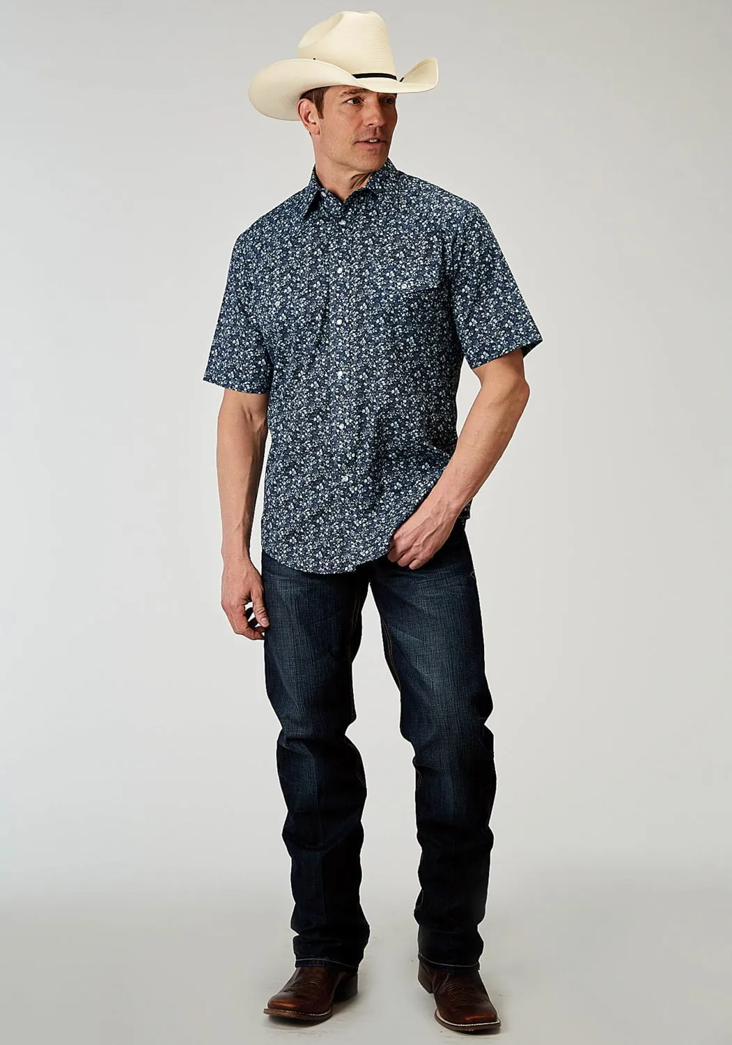 Autumn Look Roper Mens 1962 Ditsy Floral Blue Cotton Blend S/S Shirt