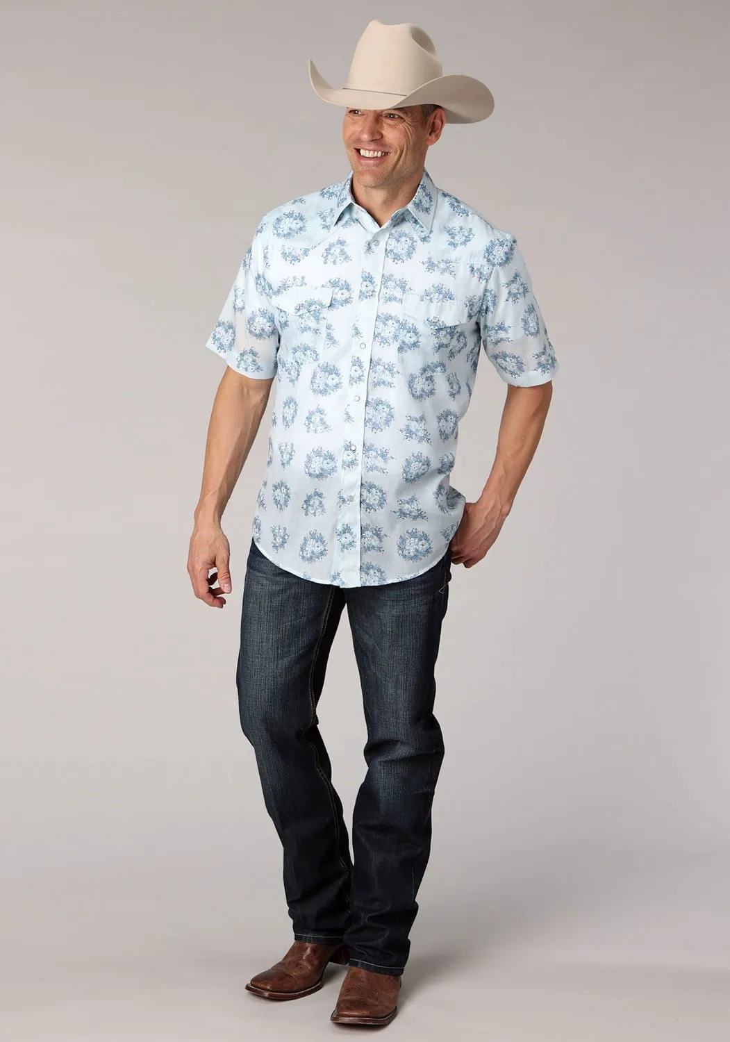 Roper Mens 2066 Multi Floral Blue Cotton Blend S/S Shirt Casual Option