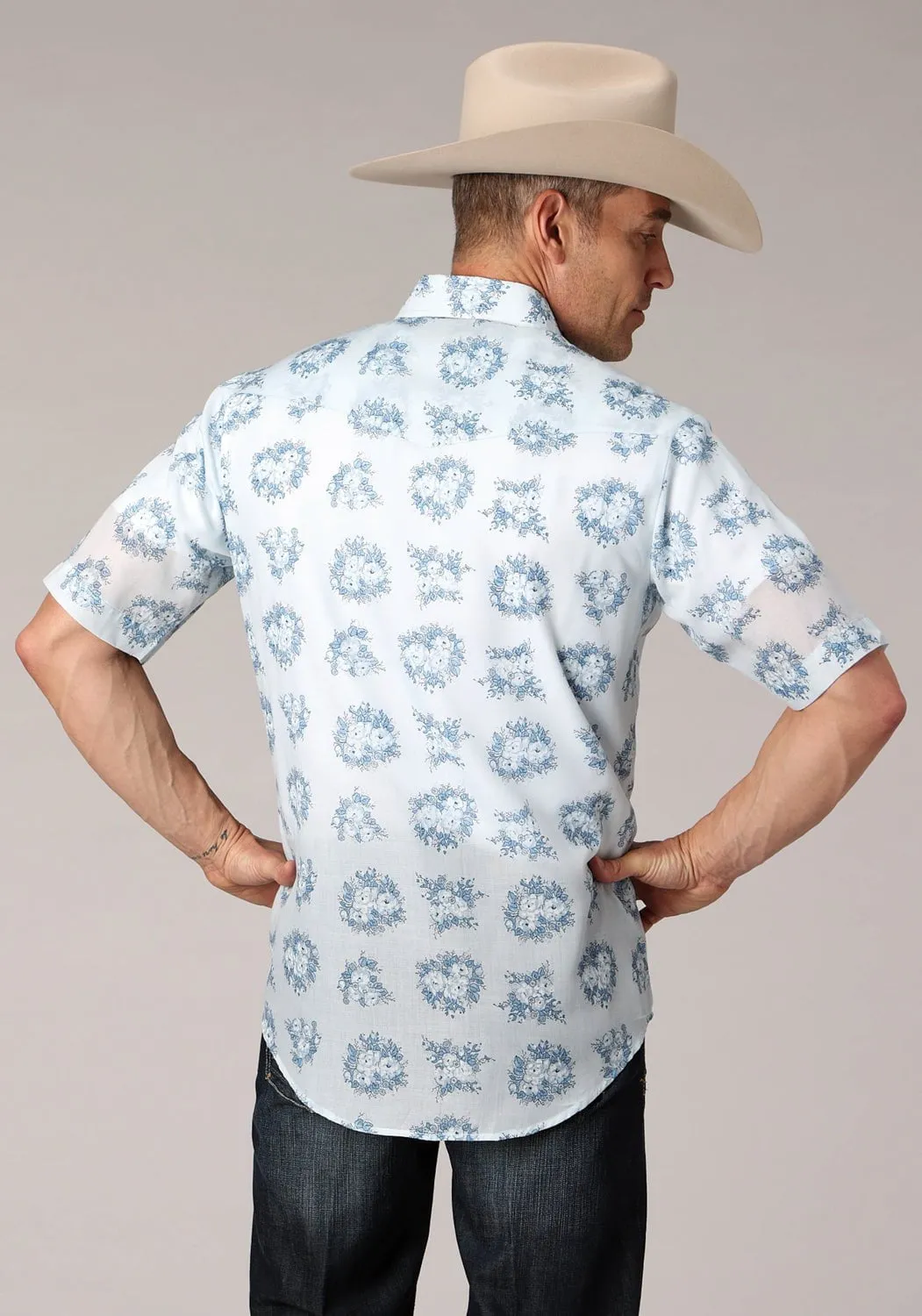 Artistic Design Roper Mens 2066 Multi Floral Blue Cotton Blend S/S Shirt