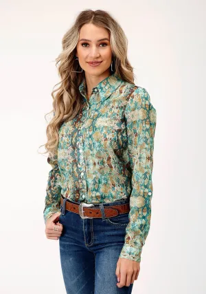 High-Quality Fabric Roper Womens Snake Print Teal 100% Polyester L/S Shirt Roper Womens Snake Print Teal 100% Polyester L/S Shirt Fashion Forward Design