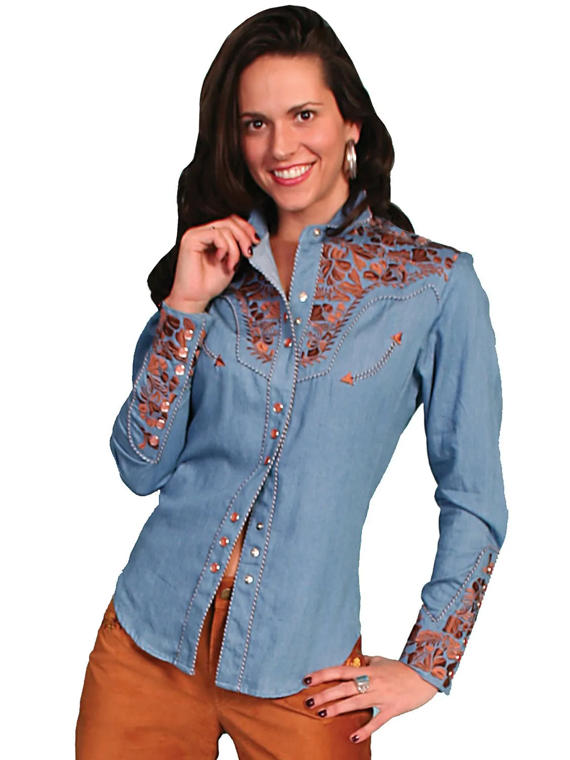 Anniversary Special Scully Western Womens Blue Polyester L/S Floral Stitch Western Shirt