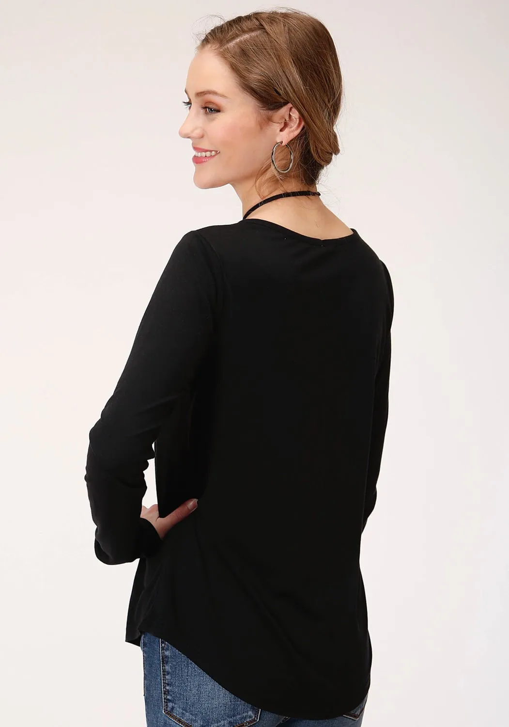 Gym Ready Evening Stroll Roper Womens Black Poly/Rayon Pink Fancy L/S T-Shirt