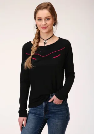 High Rise Waist Roper Womens Black Poly/Rayon Pink Fancy L/S T-Shirt Roper Womens Black Poly/Rayon Pink Fancy L/S T-Shirt tailored look Subtle Texture