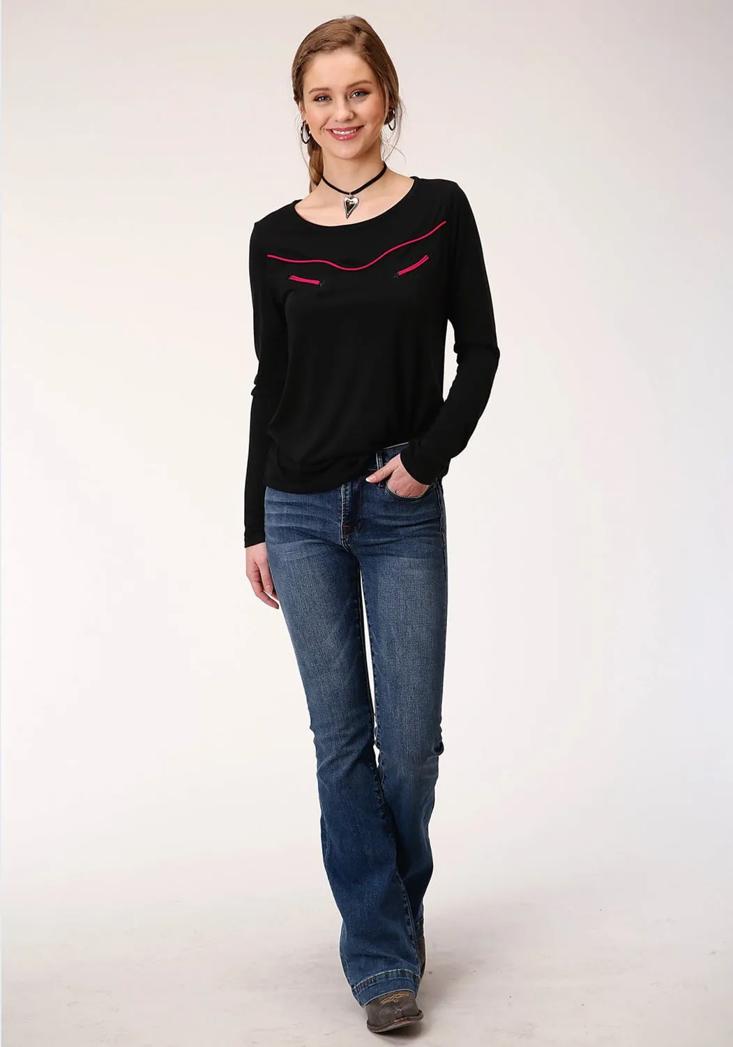 Roper Womens Black Poly/Rayon Pink Fancy L/S T-Shirt Total Comfort Casual Morning Stroll
