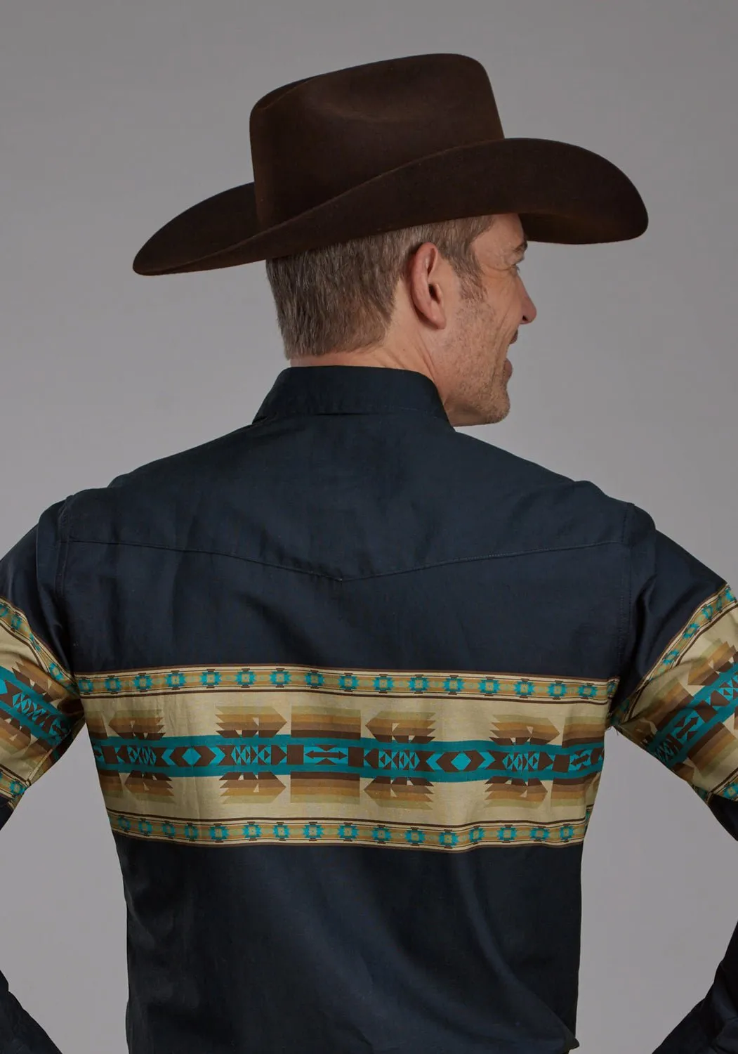 Current Style Errand Ready Roper Mens Aztec Border Navy 100% Cotton L/S Shirt