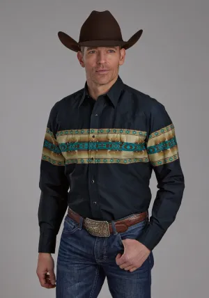 High Visibility Reflective Detailing Roper Mens Aztec Border Navy 100% Cotton L/S Shirt Roper Mens Aztec Border Navy 100% Cotton L/S Shirt EasyCare Fabric Anti Pill Treatment