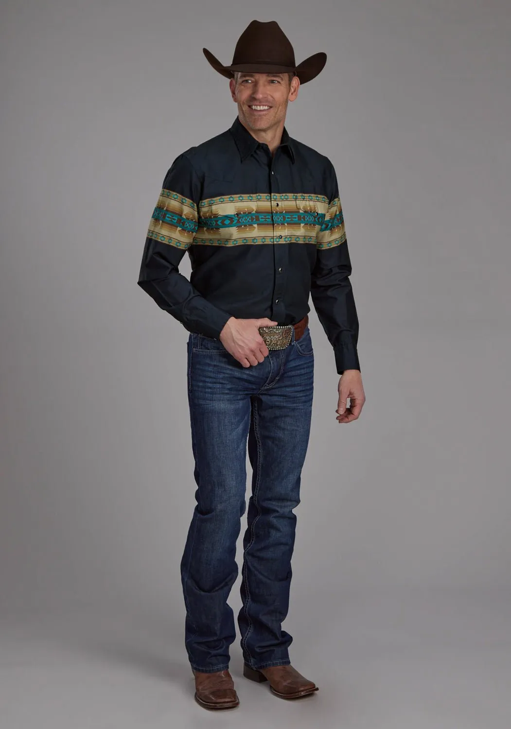 Easy Comfort Roper Mens Aztec Border Navy 100% Cotton L/S Shirt