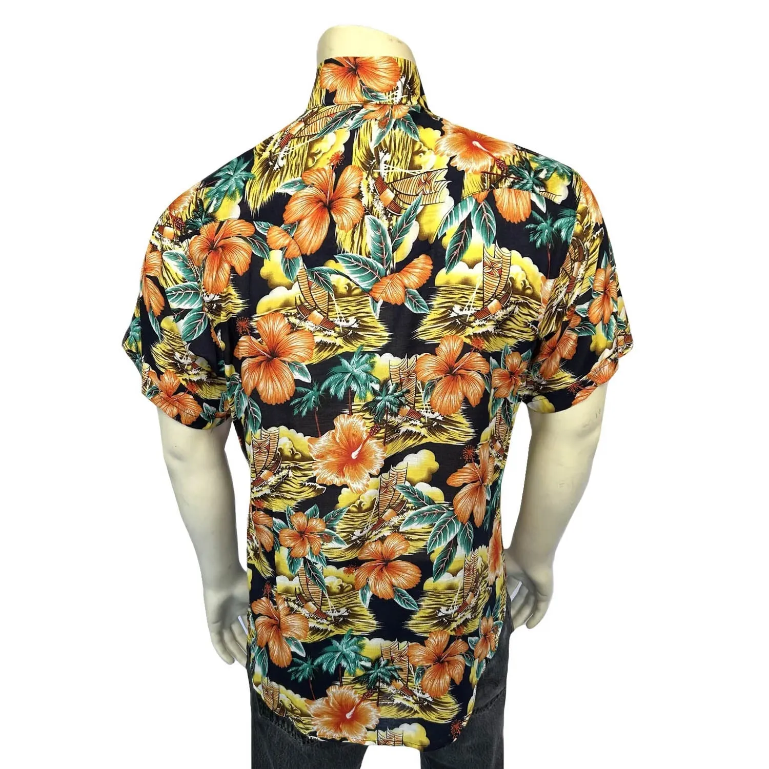 Rockmount Mens Hawaiian Print Western Orange 100% Rayon S/S Shirt Twill Weave Sleek Style