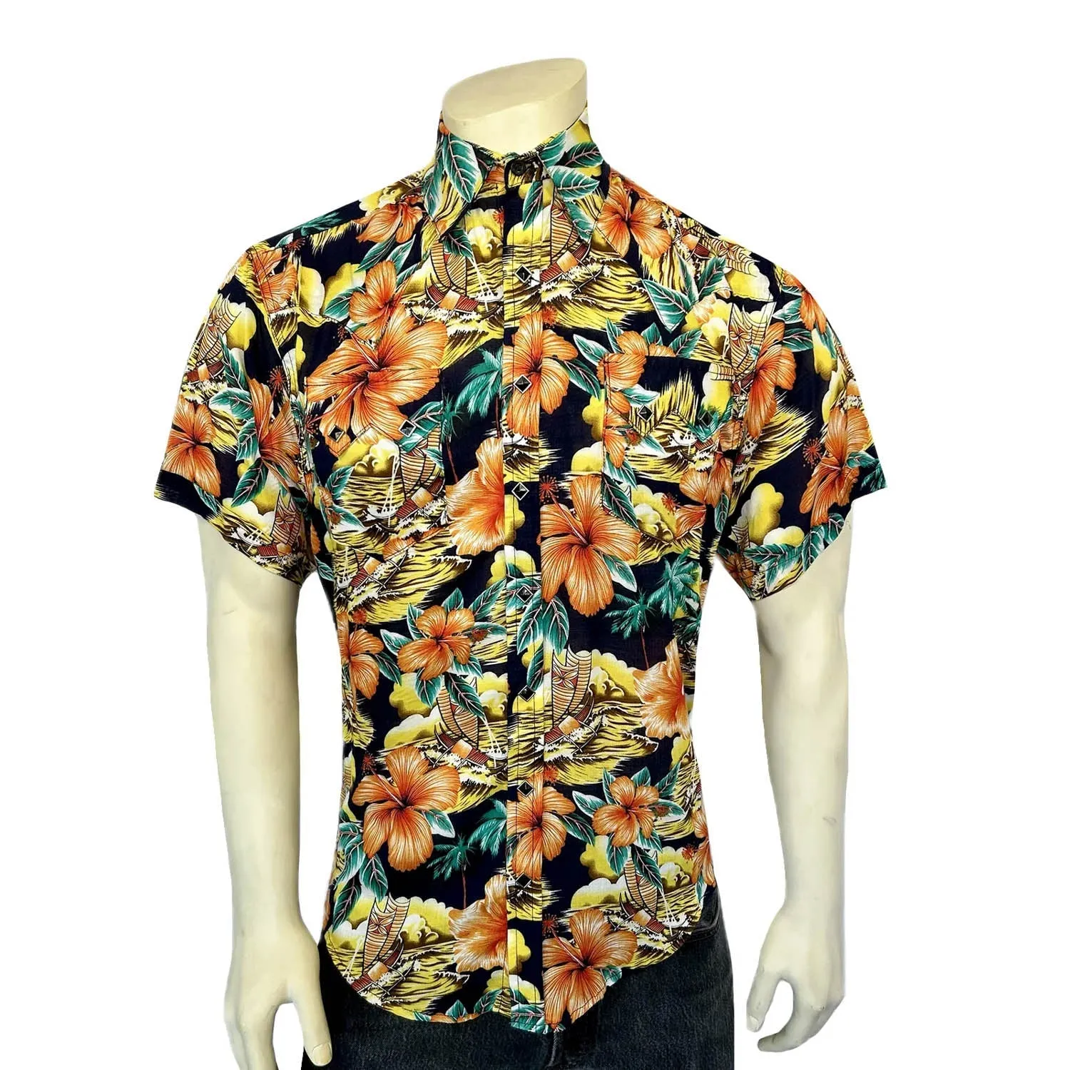 All-Occasion Wear Micro Perforated Texture Rockmount Mens Hawaiian Print Western Orange 100% Rayon S/S Shirt