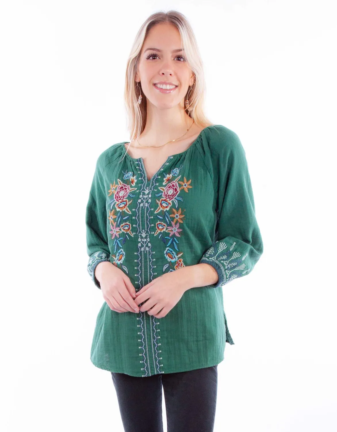 High-Quality Craftsmanship Tuckable Hem Scully Womens Floral Tie Front Jade 100% Cotton S/S Blouse
