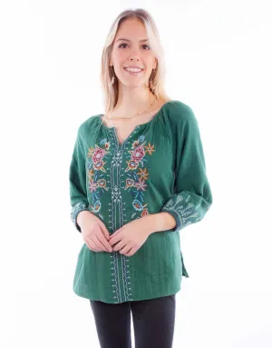 High Visibility Stitching Scully Womens Floral Tie Front Jade 100% Cotton S/S Blouse High-Quality Craftsmanship Tuckable Hem Scully Womens Floral Tie Front Jade 100% Cotton S/S Blouse