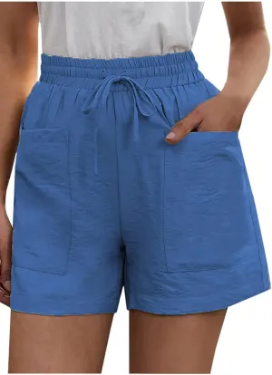 High Waisted Cotton Linen Shorts for Womens Summer Solid Color Bermuda Shorts Drawstring Elastic Comfy Beach Shorts