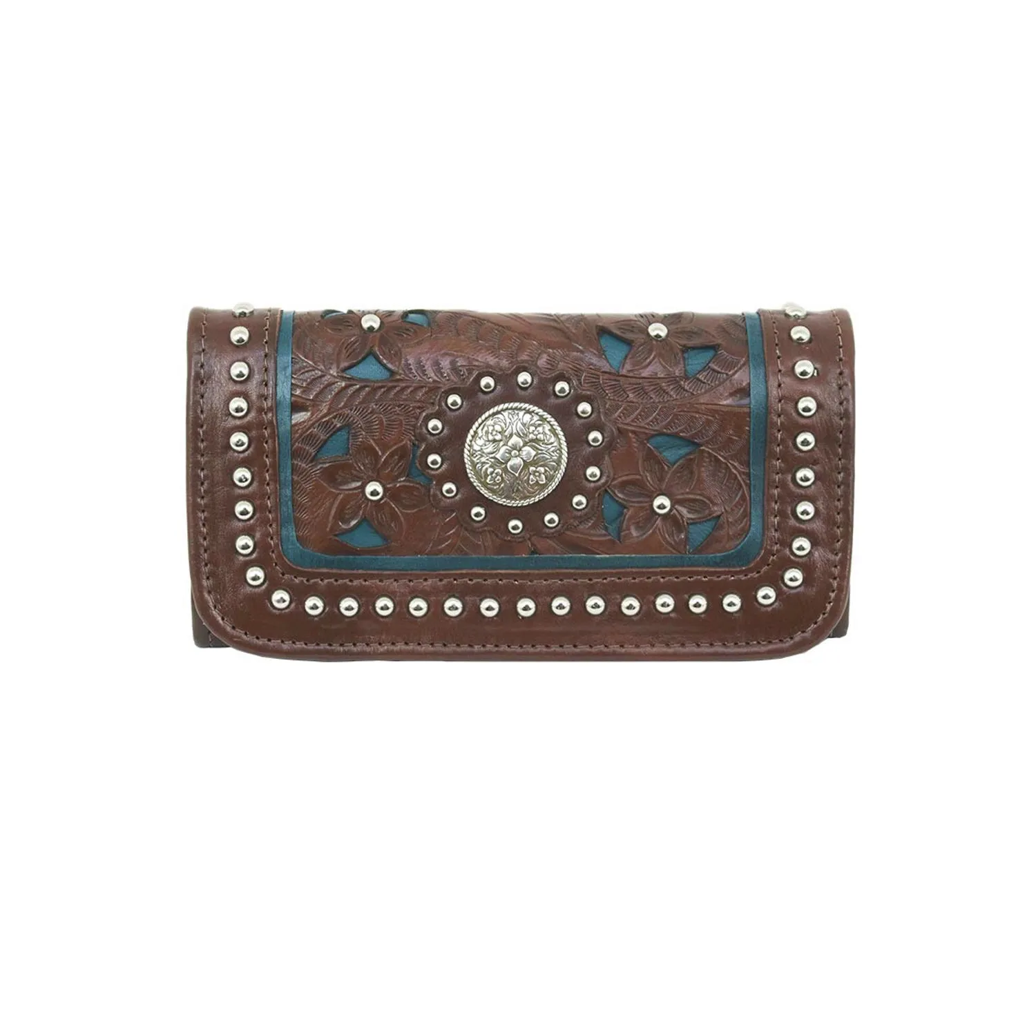 American West Womens Lady Lace Dark Brown Leather Trifold Wallet All Fit Design