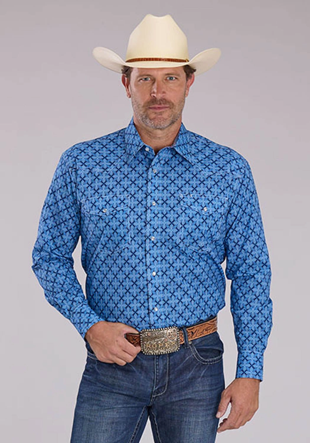 Versatile Layer Moisture Wicking Material Roper Mens Ribbon Medallion Blue 100% Cotton L/S Shirt