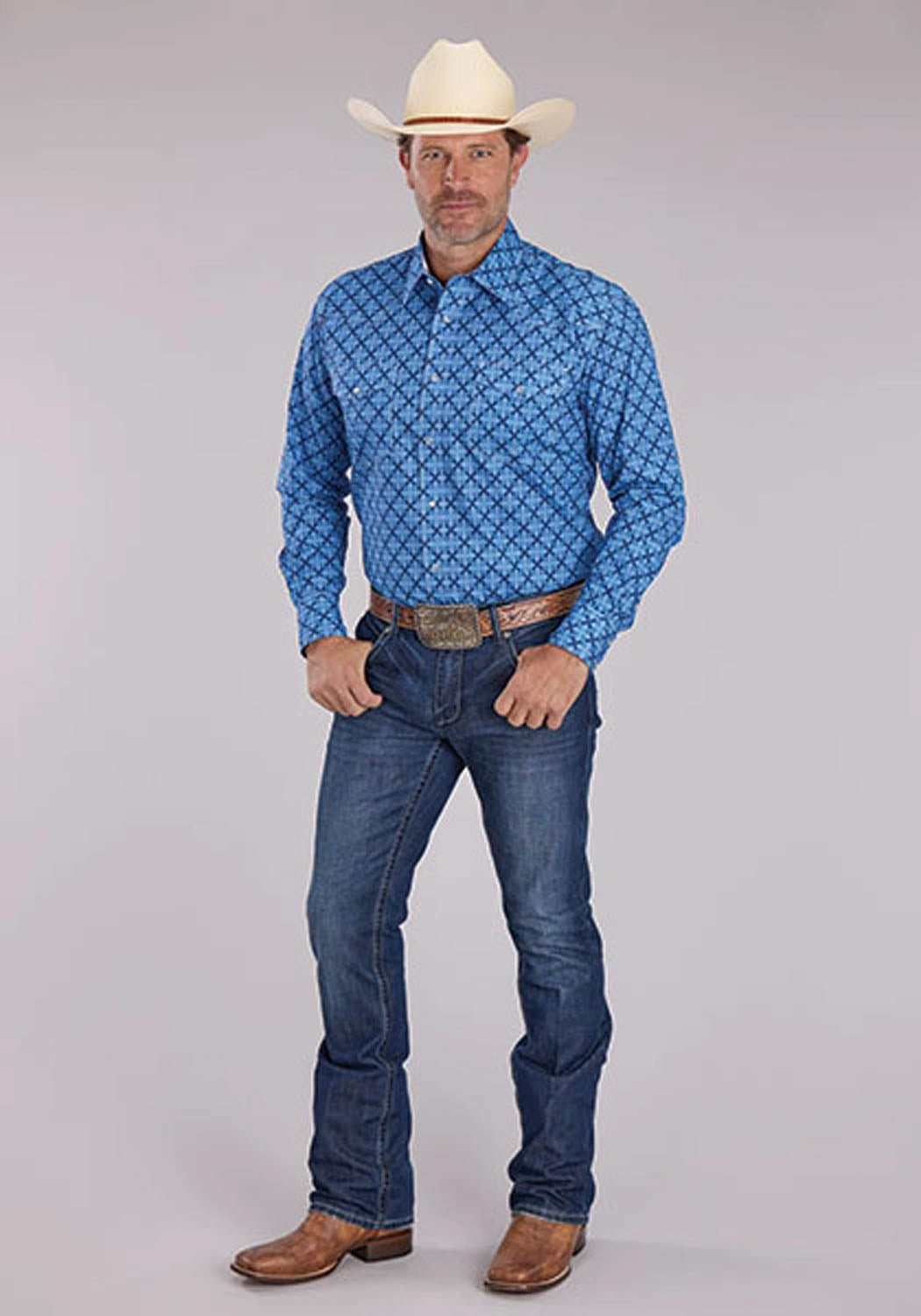 Thermal Regulation Fabric Seamless Shoulder Roper Mens Ribbon Medallion Blue 100% Cotton L/S Shirt