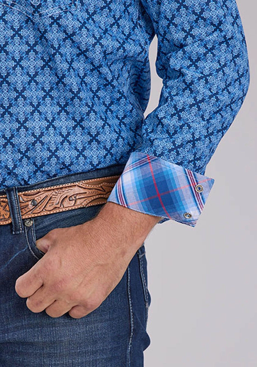 Laser Cut Edge Detail Roper Mens Ribbon Medallion Blue 100% Cotton L/S Shirt