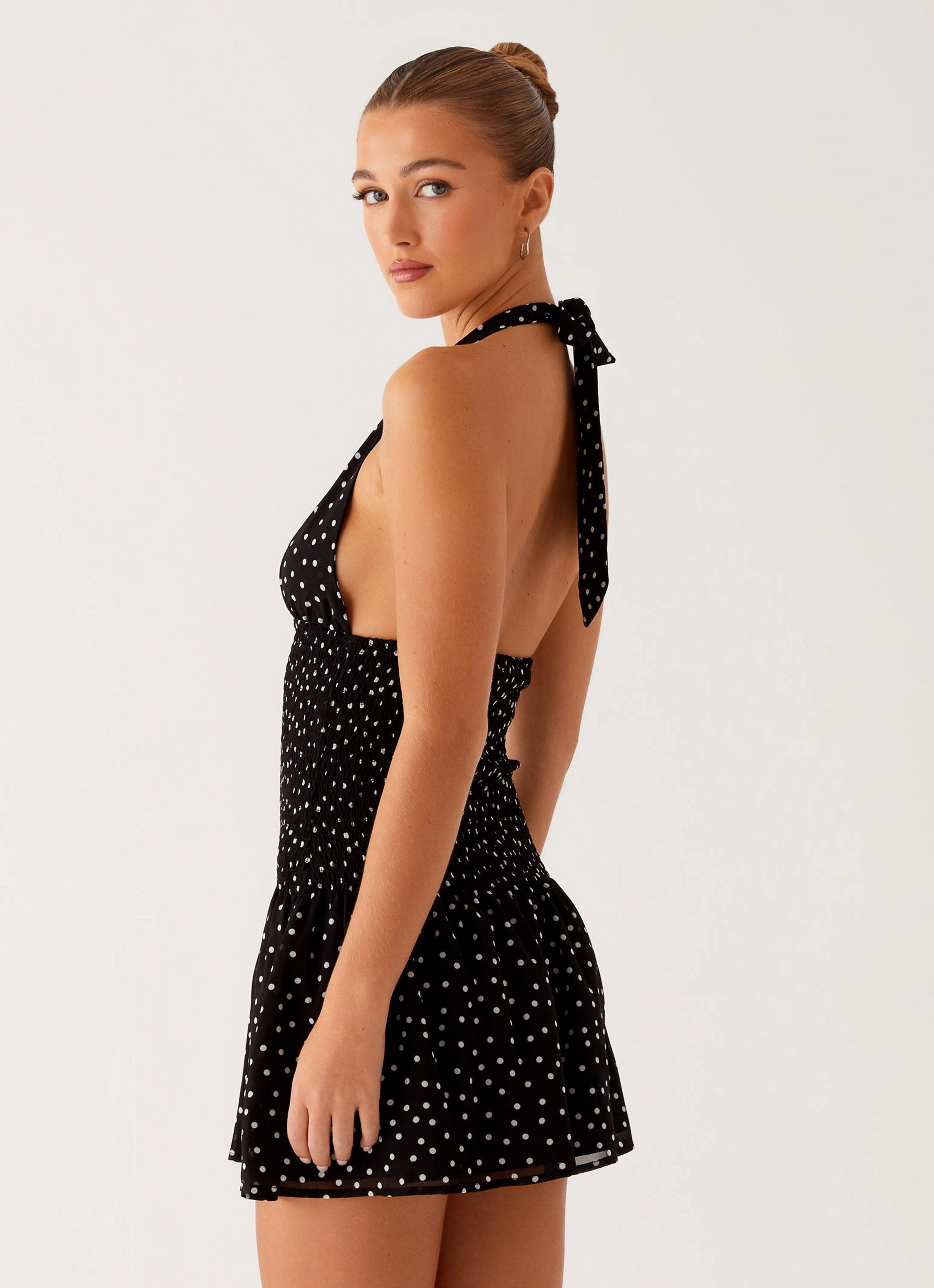 Silky Silhouette Skirt Flare Holden Mini Dress - Black Polka Dot