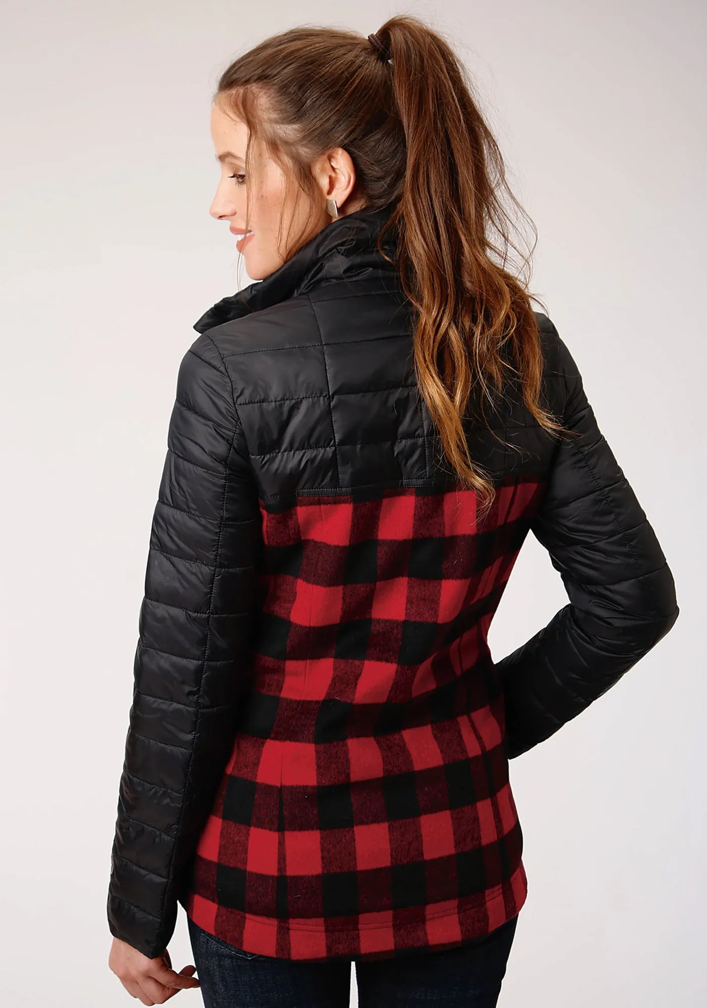 Roper Womens Black/Buffalo Plaid Nylon Crushable Jacket Slim Cut Stretch Classic Wear