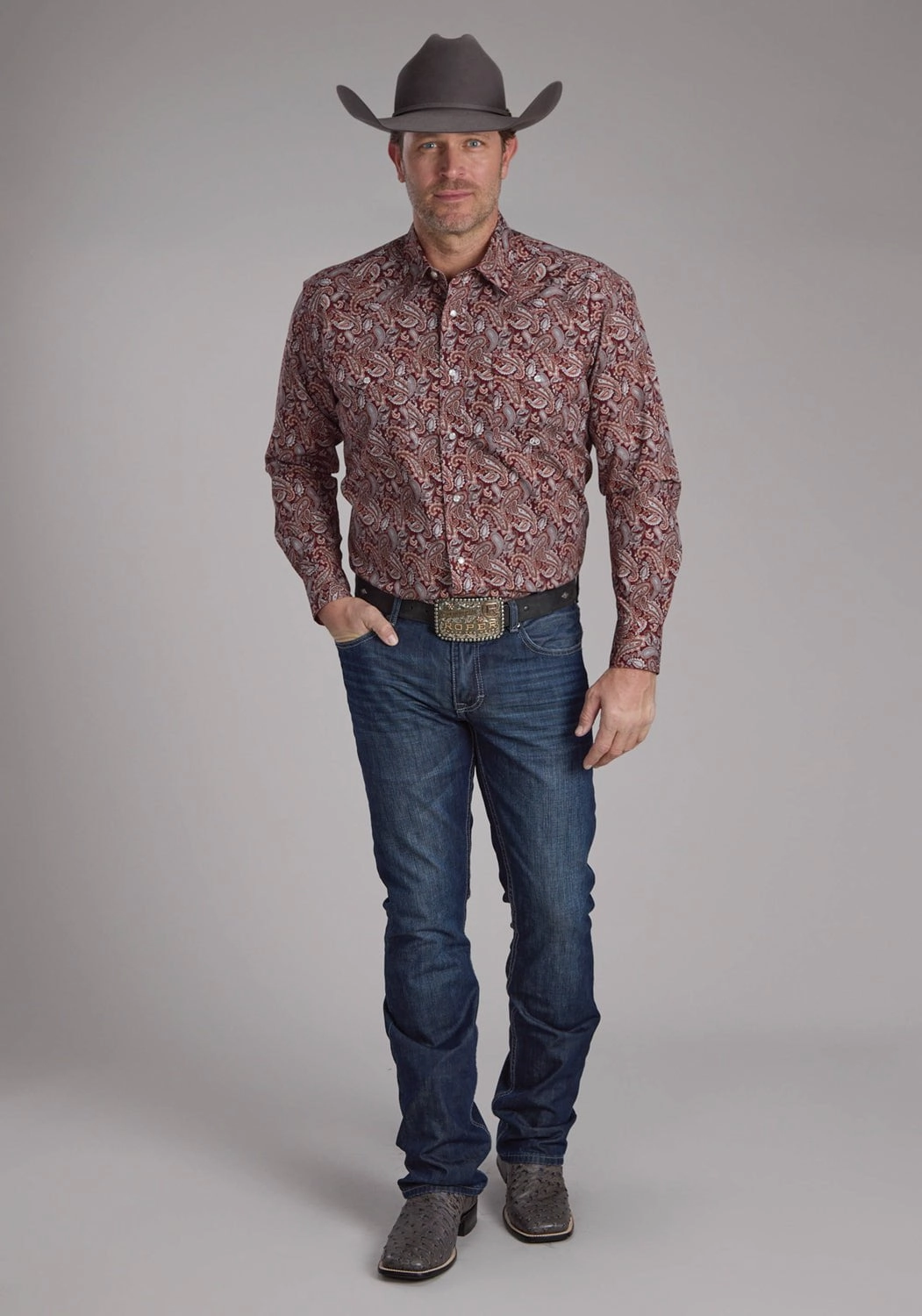 Roper Mens 2242 Sangria Paisley Wine 100% Cotton L/S Shirt All-Day Wear Snag Resistant Fabric