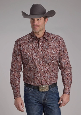 Hot Trend Roper Mens 2242 Sangria Paisley Wine 100% Cotton L/S Shirt Hidden Button Placket Gym Companion Roper Mens 2242 Sangria Paisley Wine 100% Cotton L/S Shirt