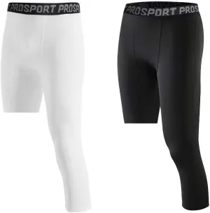Hotfiary Men's Compression Pants 3/4 Activewear Leggings One Leg Base Layers for Basketball Athletic Running (2 Pieces)