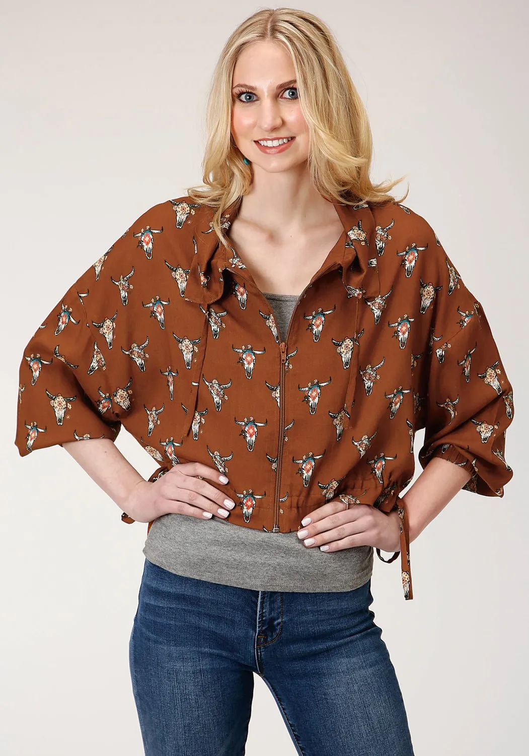 Roper Womens Cow Skulls Brown 100% Rayon Jacket Relaxed Style Smart Casual Minimalist Style Lightweight Earthy Nature Lover