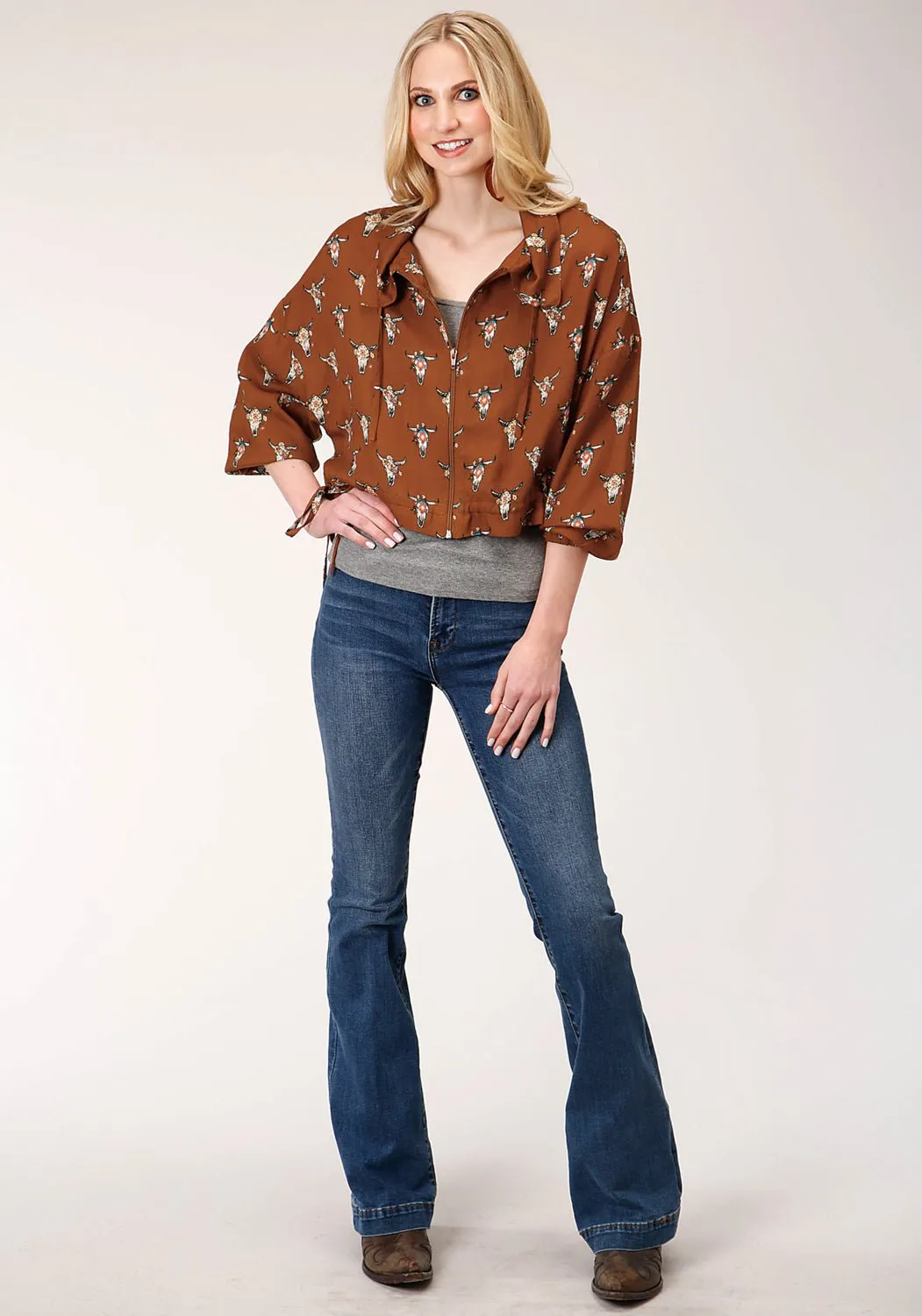 Roper Womens Cow Skulls Brown 100% Rayon Jacket Simple Wear Stretch Minimalist