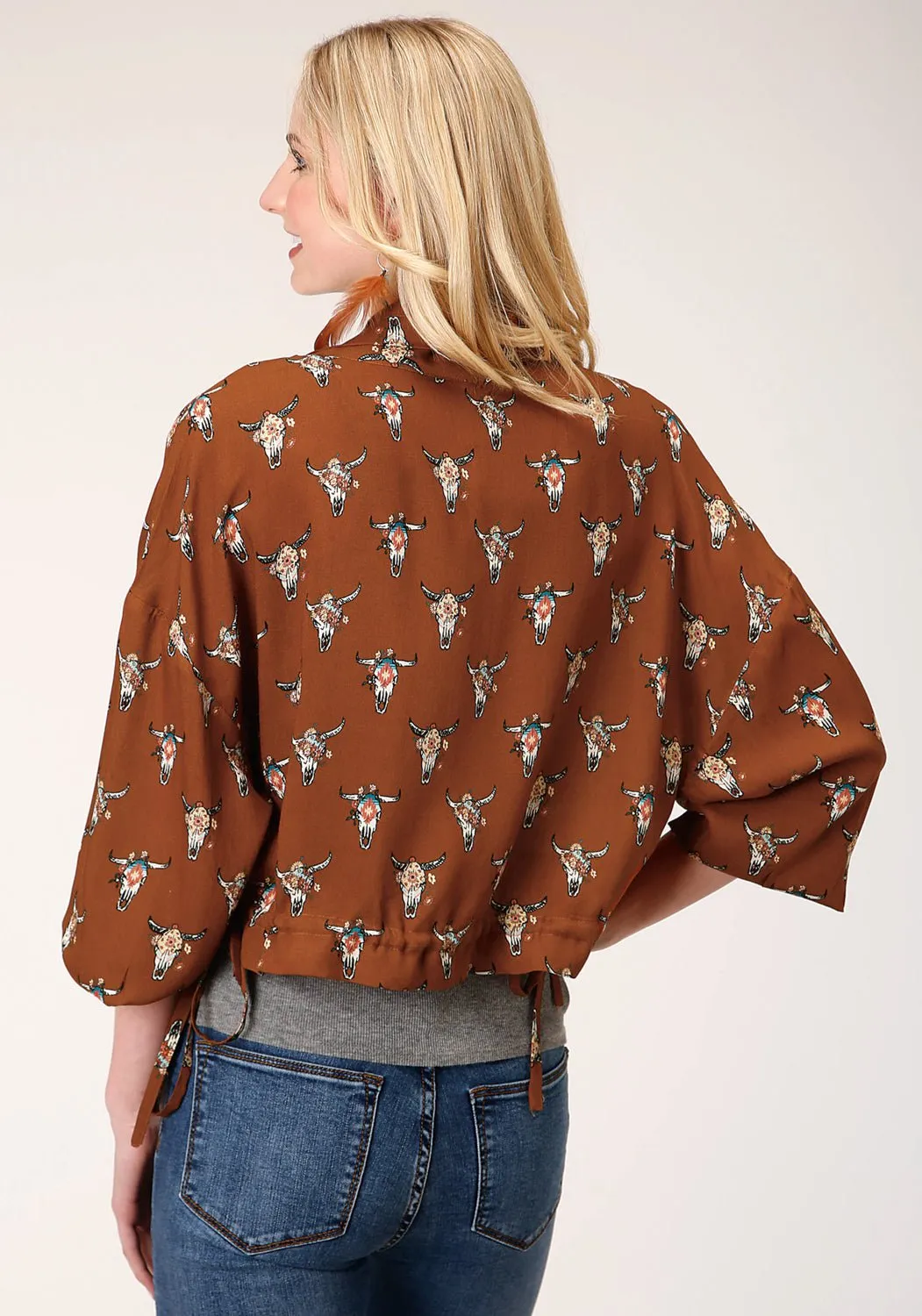 Roper Womens Cow Skulls Brown 100% Rayon Jacket Work Meeting Weekend Style Streetwear Fan