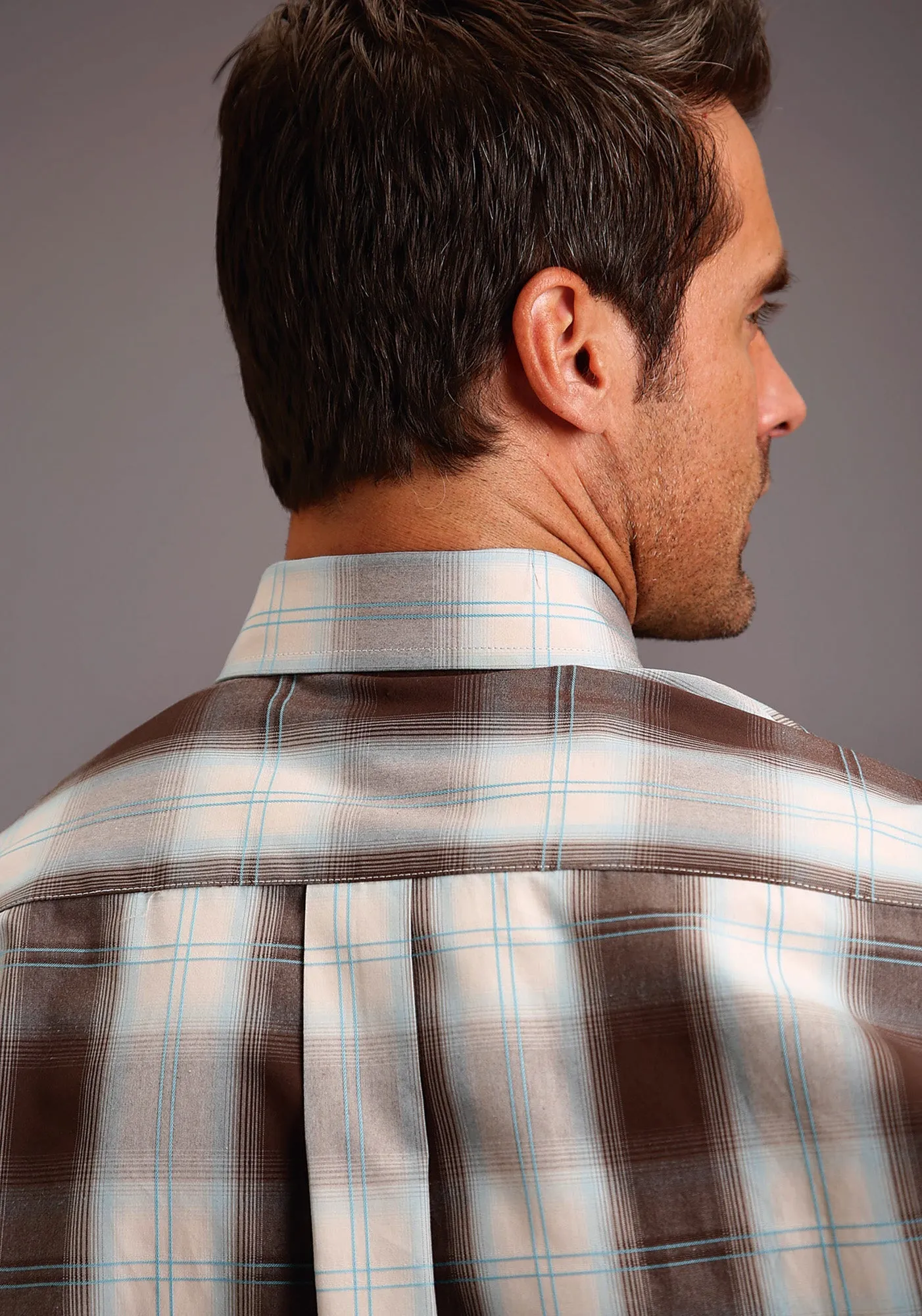 Resort Wear Warm Weather Wear Stetson Mens Brown/Aqua 100% Cotton Ombre L/S 1 Pkt Shirt