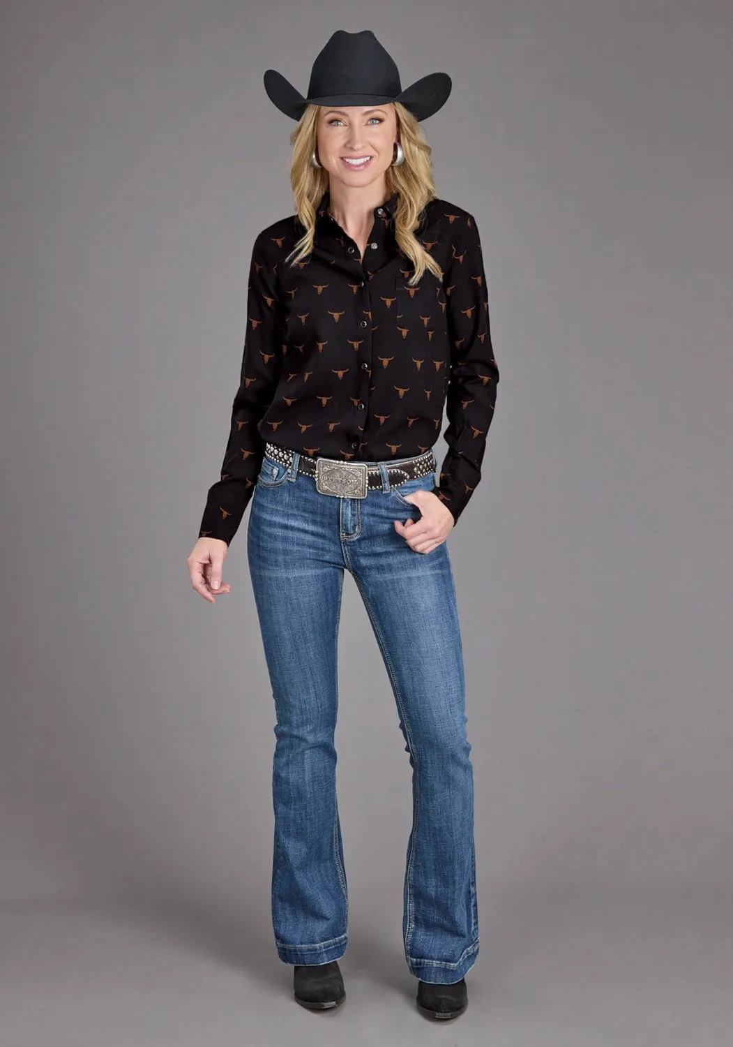 Stetson Womens Mojave Print Black 100% Rayon L/S Blouse Durable Texture Eco-Friendly Choice