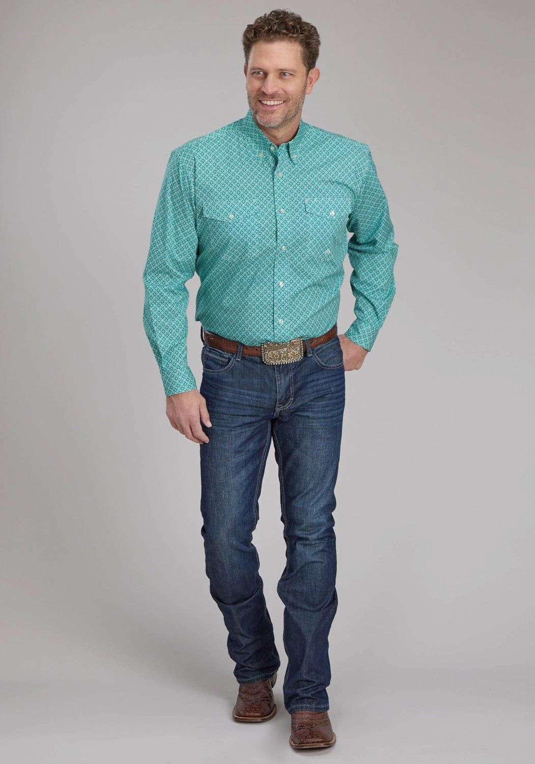 Roper Mens 2250 Four Point Foulard Turquoise Cotton Blend Btn L/S Shirt tall size Beach Attire