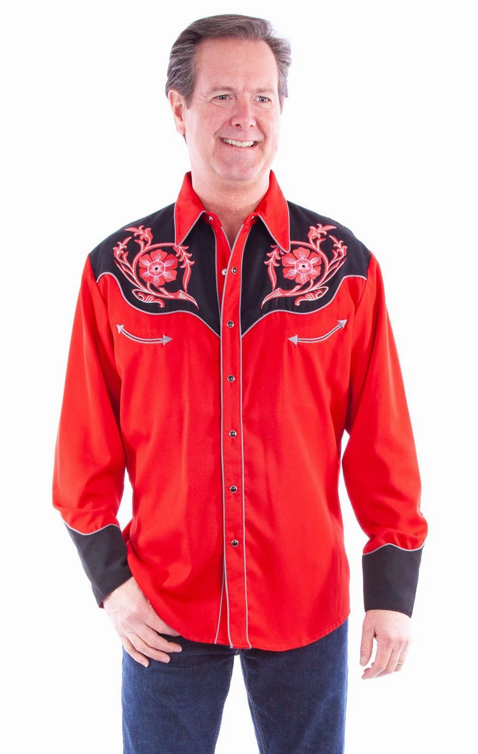 handmade touch Scully Mens Bold Floral Embroidery Red Poly/Rayon L/S Shirt