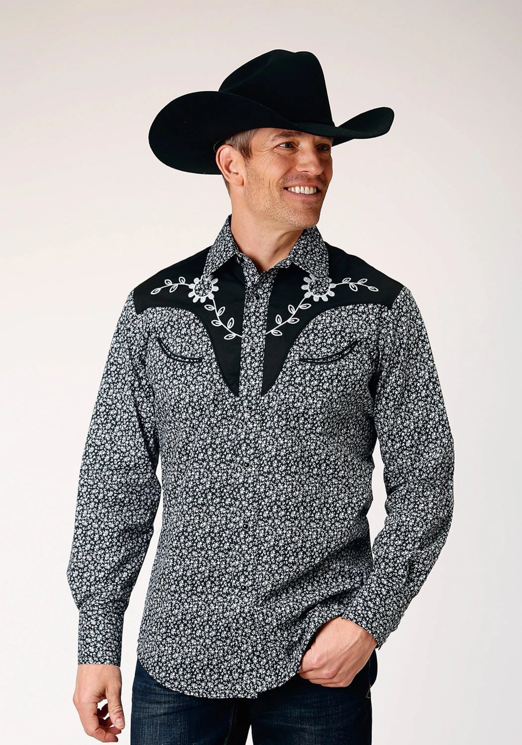 Roper Mens Floral Yokes Black Cotton Blend L/S Shirt Outdoor Adventure tailored look