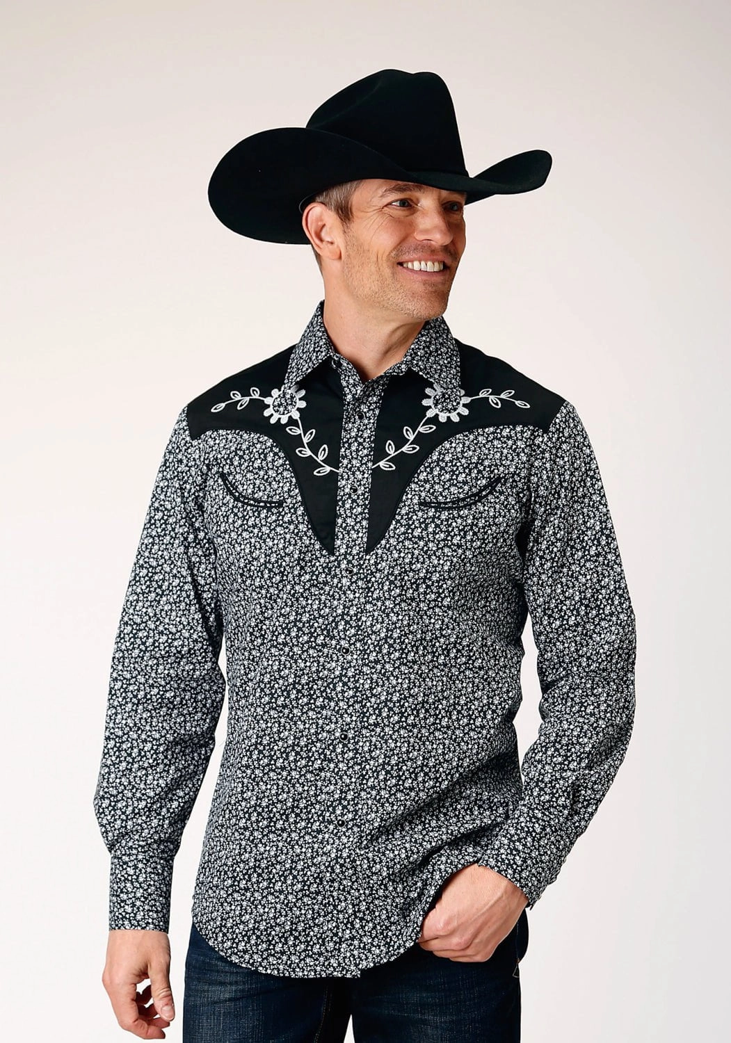 Roper Mens Floral Yokes Black Cotton Blend L/S Shirt Year-Round Favorite