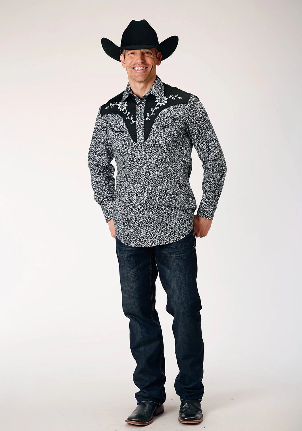 Active Layering mix and match Roper Mens Floral Yokes Black Cotton Blend L/S Shirt