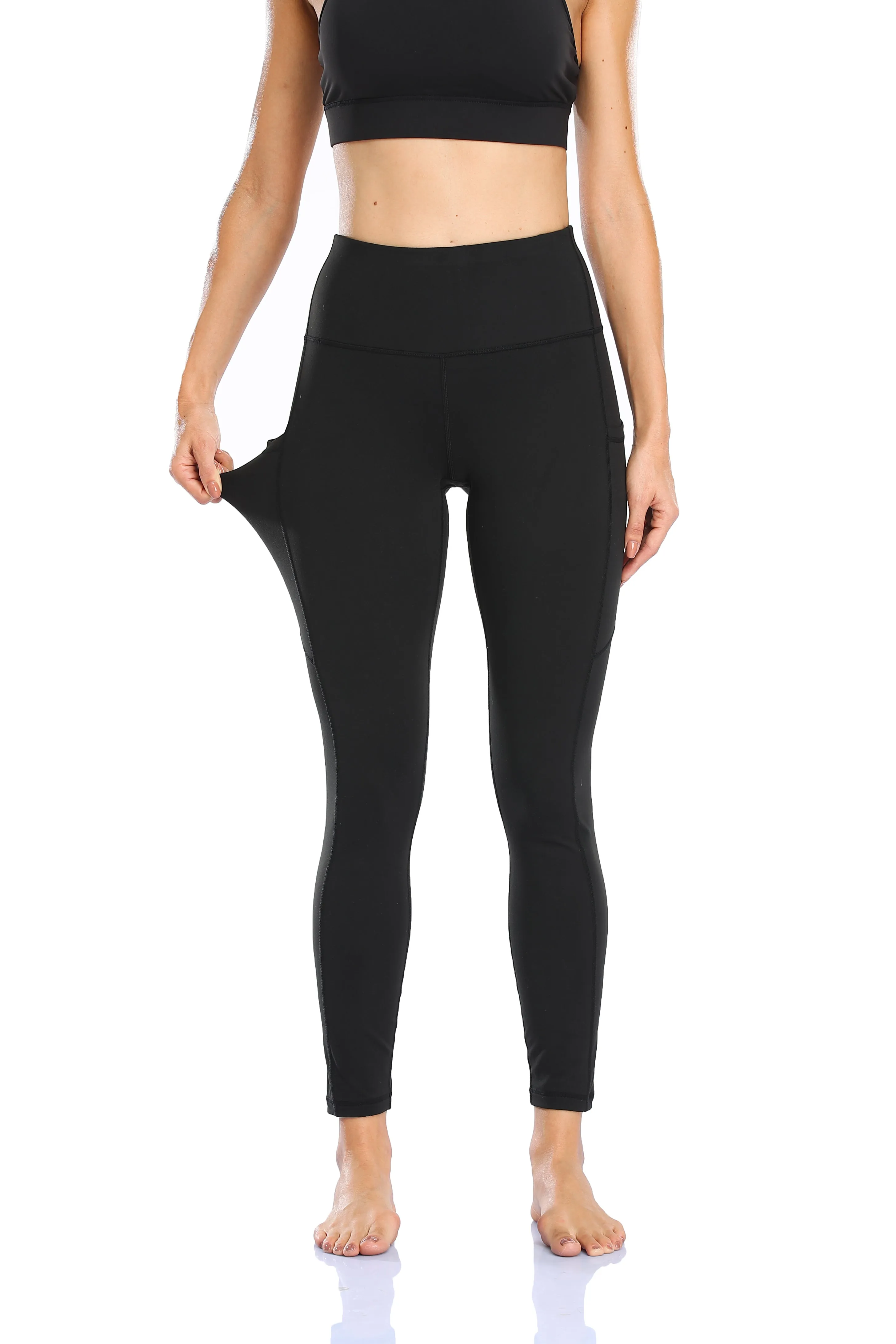HZORI®|Women's High Waist Yoga Leggings with Pocket Tummy Control Squat Proof Pants Full Length Compression Leggings for Women|Black