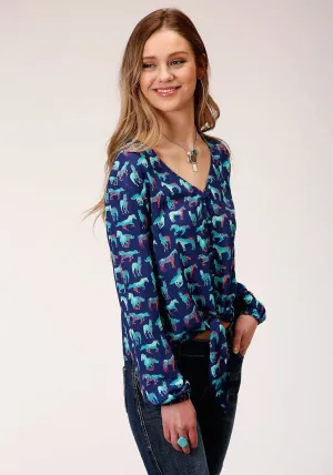 Iconic Wave Roper Womens Blue Rayon/Nylon Wild Horse L/S Blouse Heavy Duty Zipper Mechanism On The Go Roper Womens Blue Rayon/Nylon Wild Horse L/S Blouse