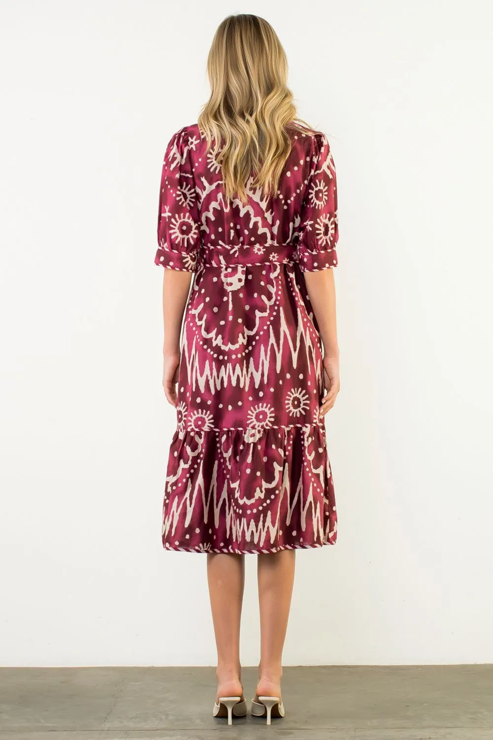 Ikat Printed Dress in Plum Glossy Fabric Ruffle Hem