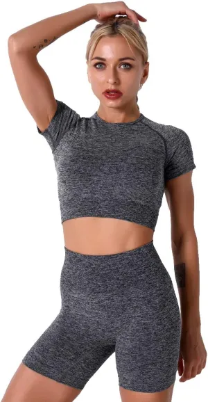 IMEKIS Women's Yoga Outfit Seamless Workout Set High Waist Exercise Shorts Pants with Sport Crop Top Bra 2PCS Gym Tracksuits