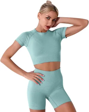 IMEKIS Women's Yoga Outfit Seamless Workout Set High Waist Exercise Shorts Pants with Sport Crop Top Bra 2PCS Gym Tracksuits
