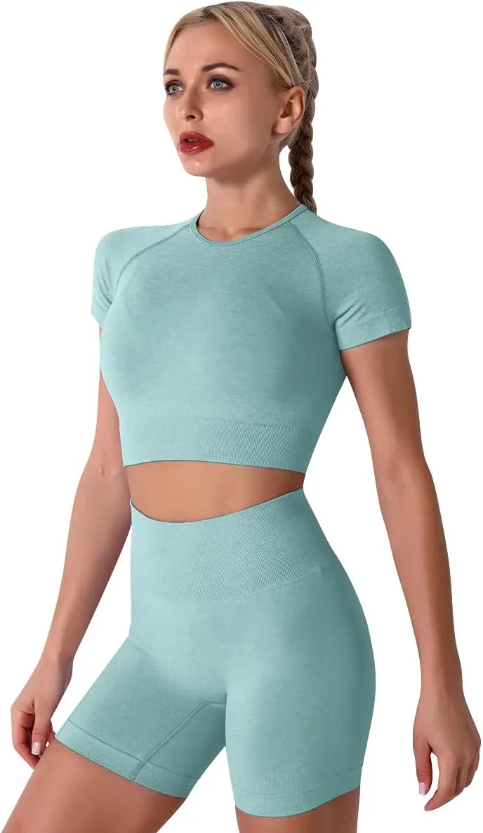 IMEKIS Women's Yoga Outfit Seamless Workout Set High Waist Exercise Shorts Pants with Sport Crop Top Bra 2PCS Gym Tracksuits