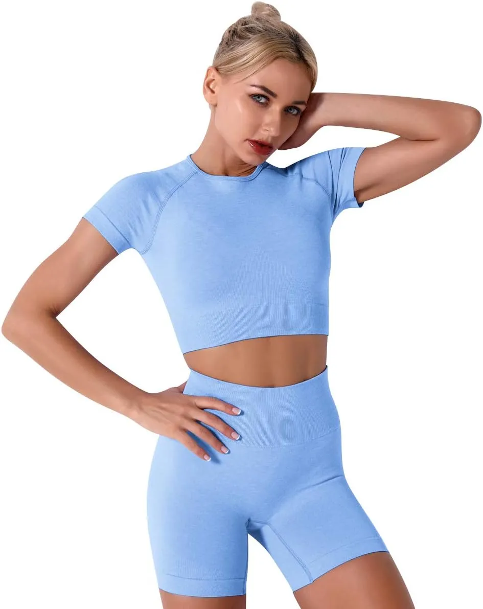 IMEKIS Women's Yoga Outfit Seamless Workout Set High Waist Exercise Shorts Pants with Sport Crop Top Bra 2PCS Gym Tracksuits
