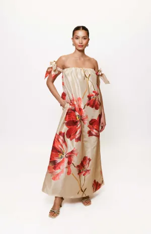 Iris Gown in Taupe Breezy Bloom Fur Accent Timeless Line Iris Gown in Taupe Breezy Bloom