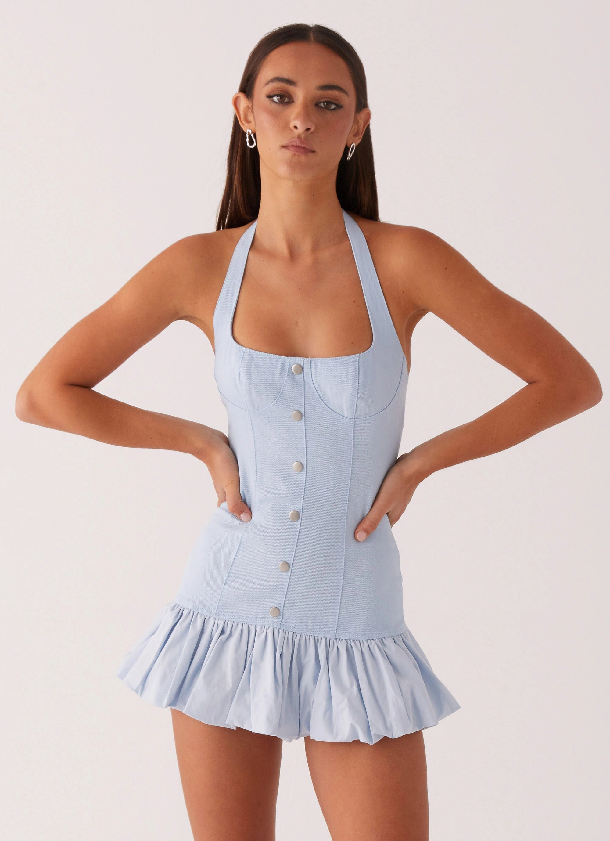 Georgina Denim Mini Dress - Light Blue Body Ease V Neckline