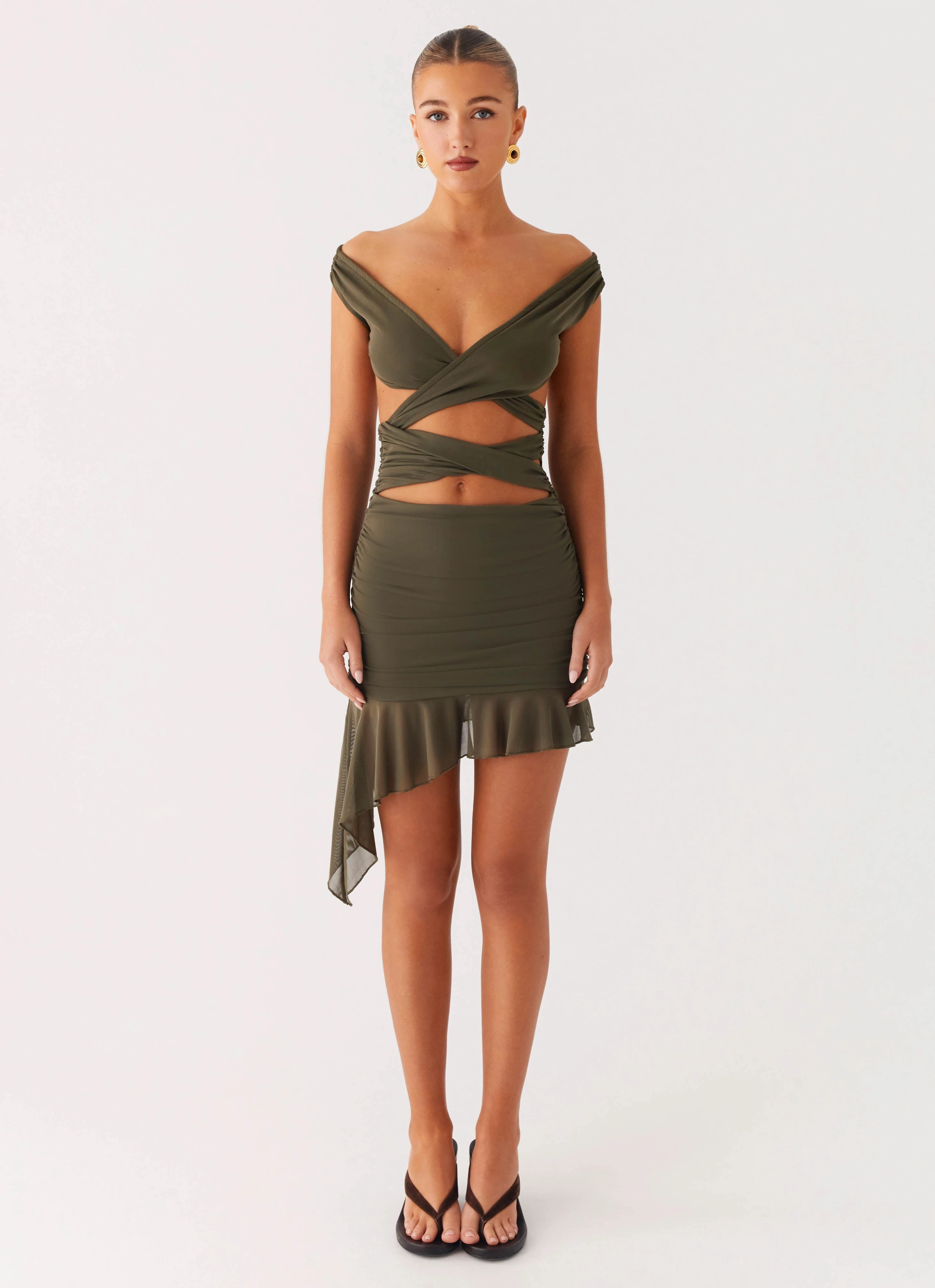 Ivy Whisper Mini Dress - Khaki Premium Fabric Body Confidence