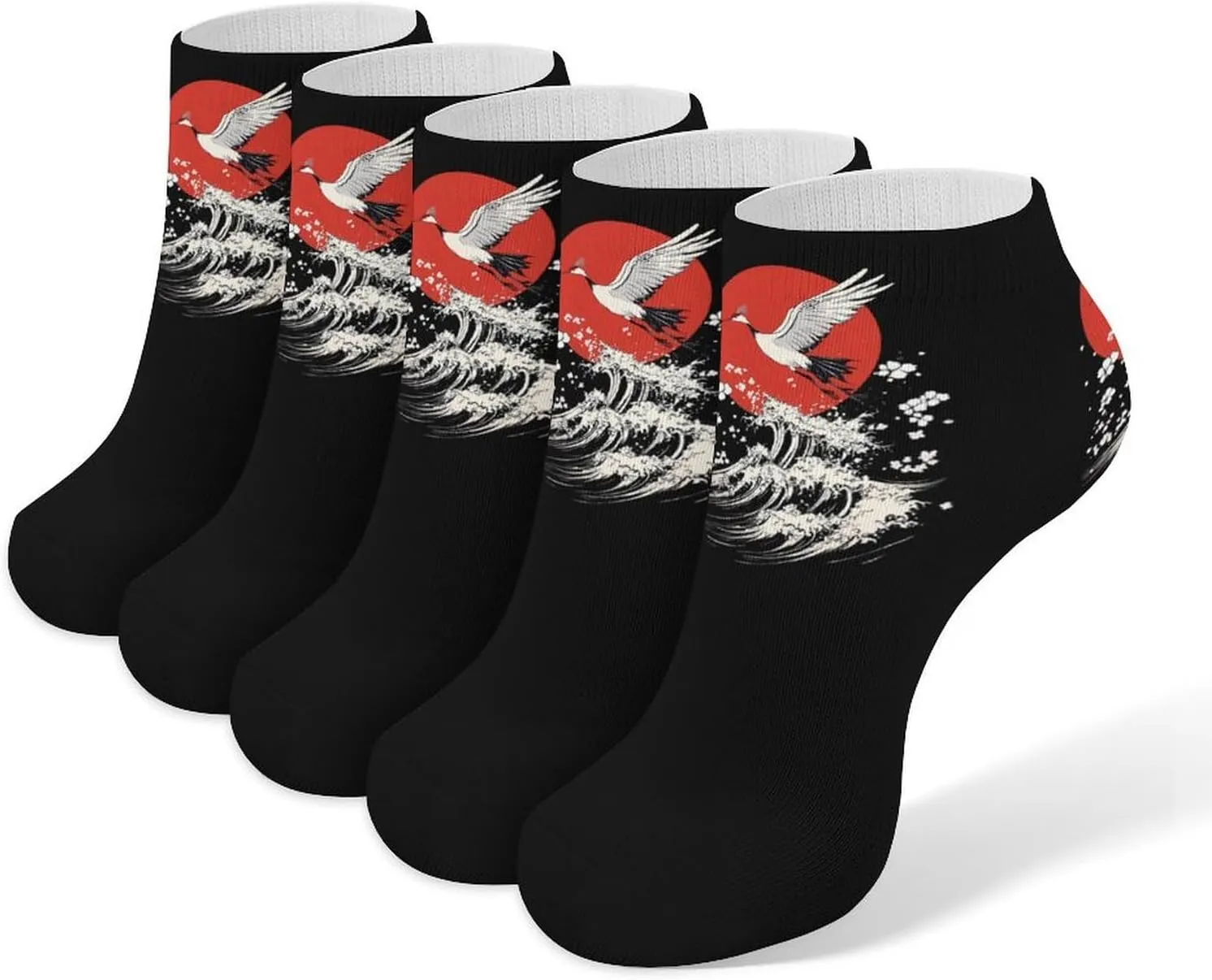 Japanese Crane Waves 5 Pairs Unisex Activewear Ankle Socks Lightweight Low Cut And No Show Socks