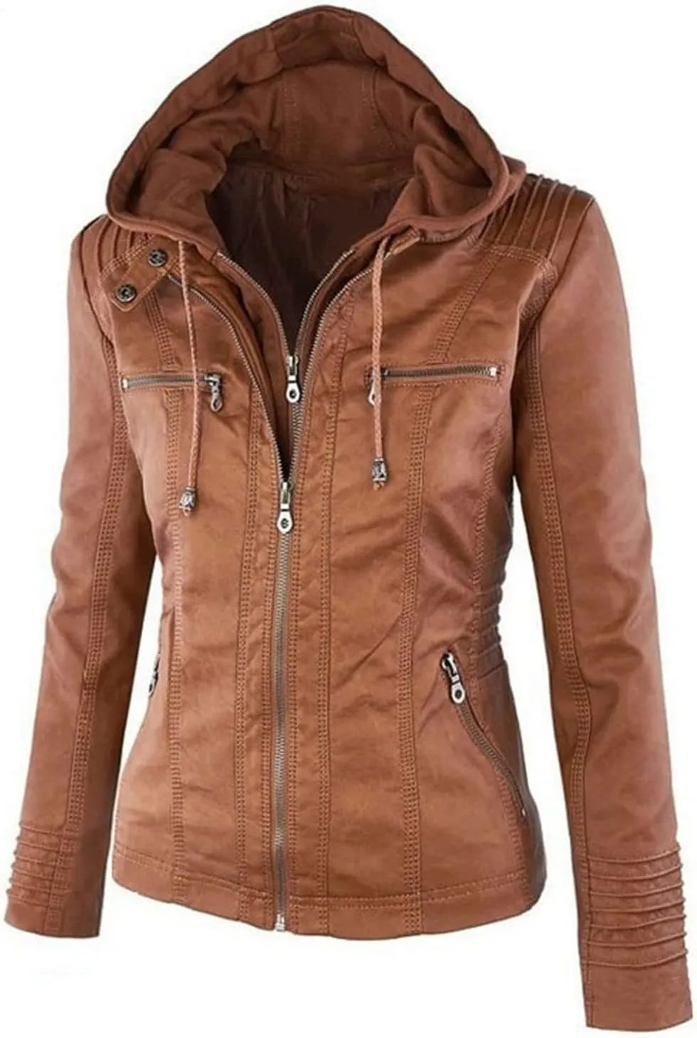 JEsilunmaMY Women's Hooded Leather Jacket Long Sleeve Zip Up Short Biker Coat with Pocket Slim Fit Motorcycle Bomber Outwear