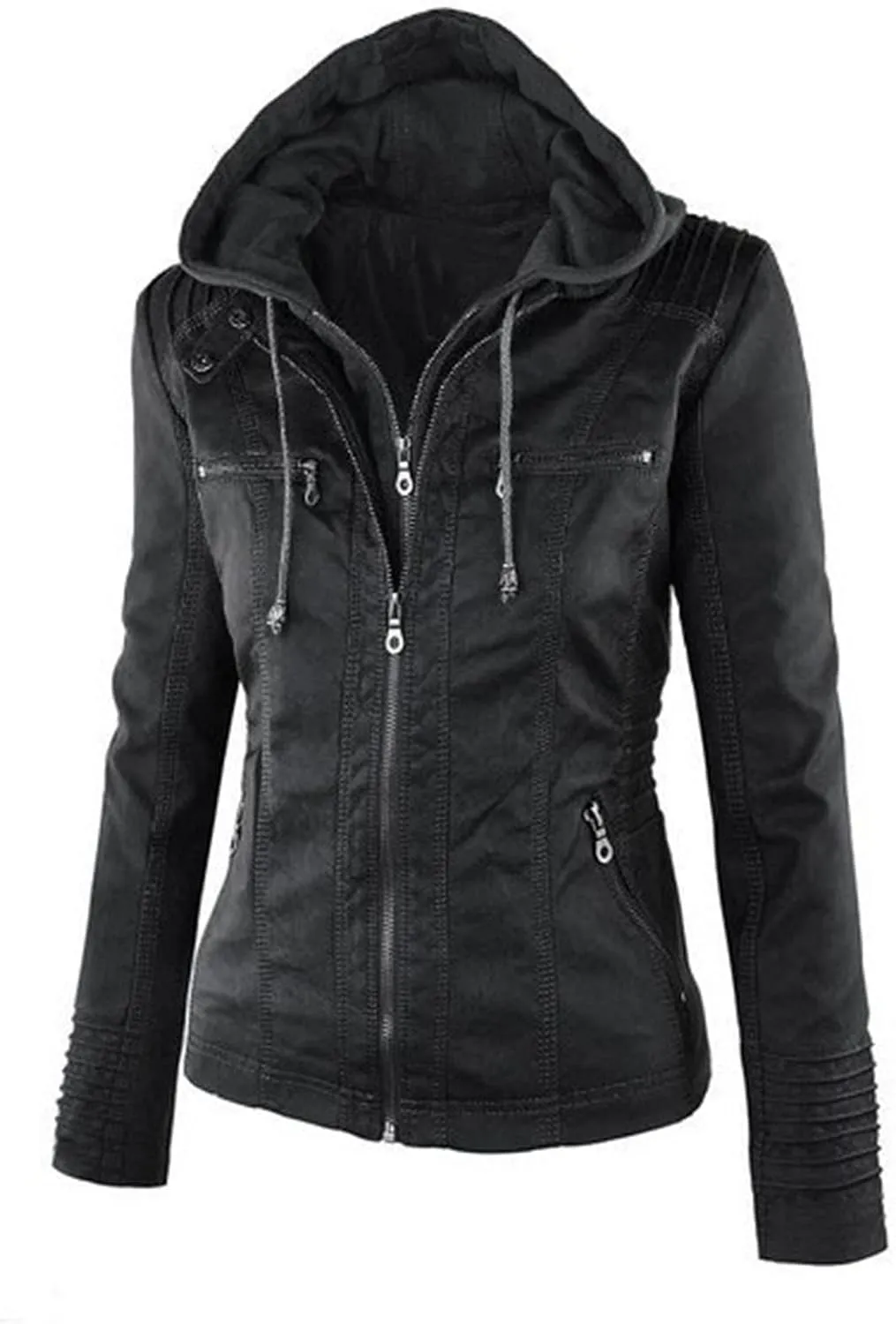 JEsilunmaMY Women's Hooded Leather Jacket Long Sleeve Zip Up Short Biker Coat with Pocket Slim Fit Motorcycle Bomber Outwear